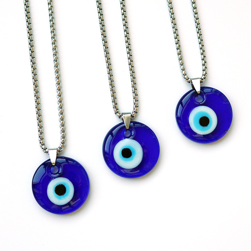 Simple Style Turkish Blue Eye Shape Accessories Stainless Steel Chain Pendant Necklace For Woman