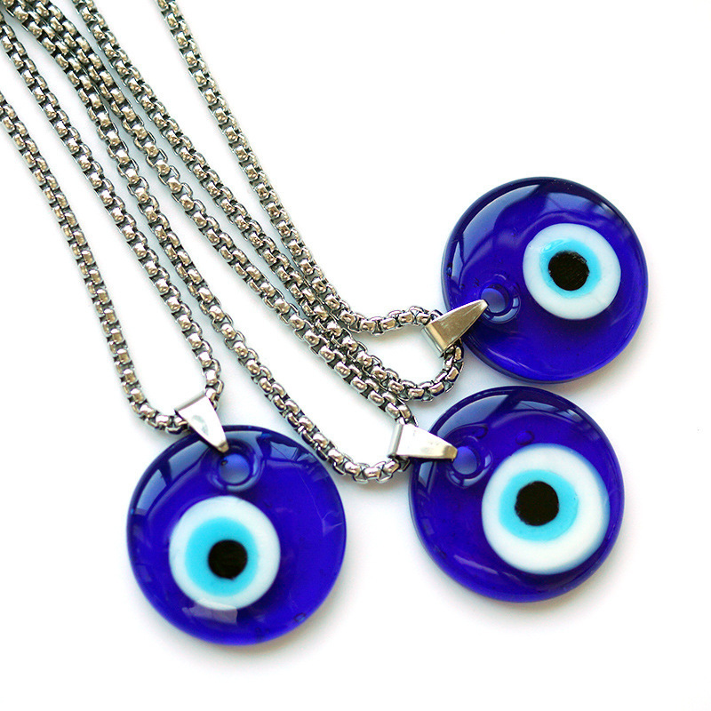 Simple Style Turkish Blue Eye Shape Accessories Stainless Steel Chain Pendant Necklace For Woman