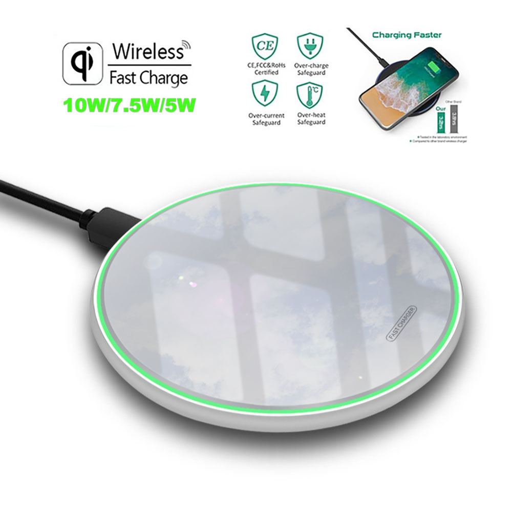 Ultra thin 10W Qi Wireless Charger Pad Glass Cover LED Light Fast Charging Wireless Charger for iphone Xs Max X 8 Plus