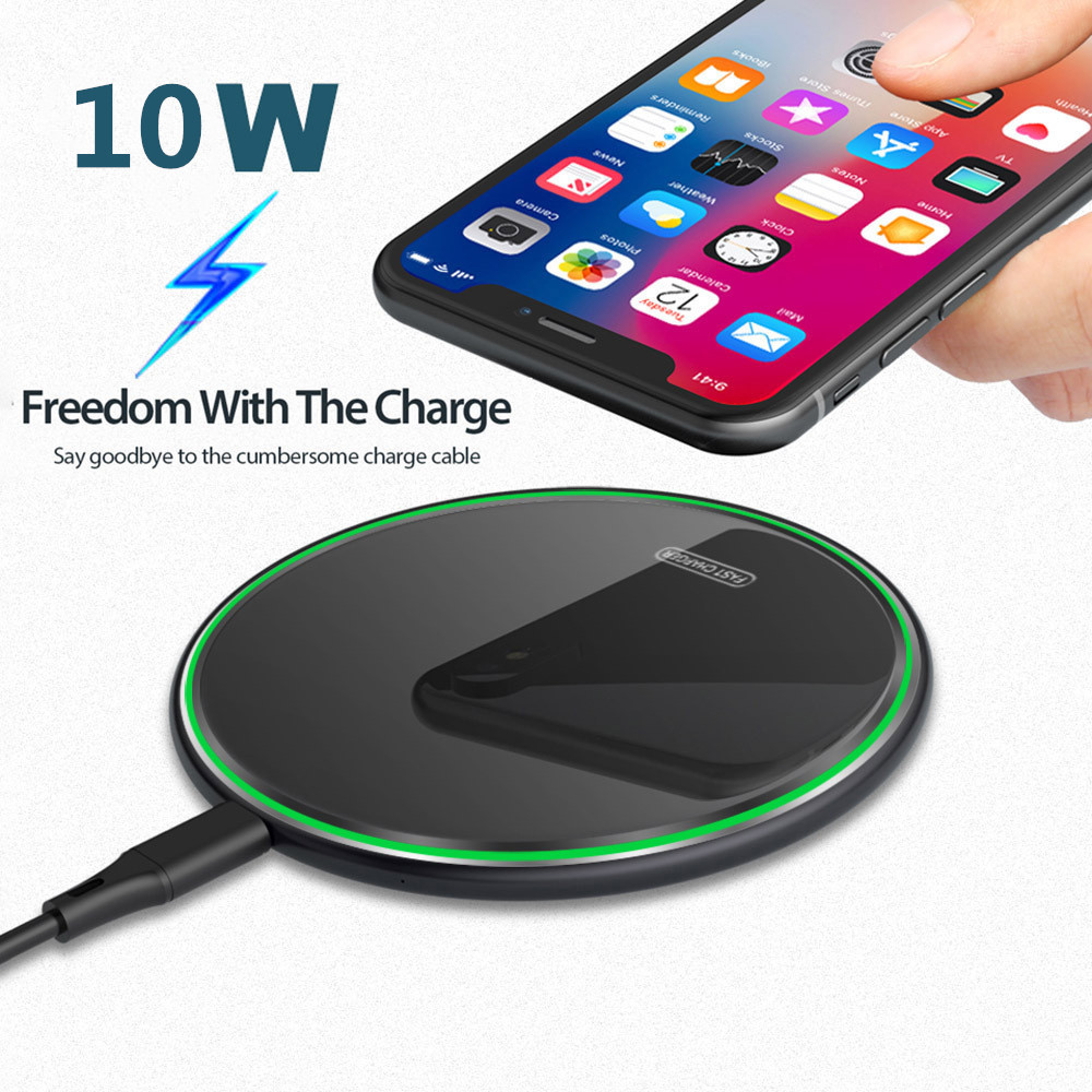 Ultra thin 10W Qi Wireless Charger Pad Glass Cover LED Light Fast Charging Wireless Charger for iphone Xs Max X 8 Plus