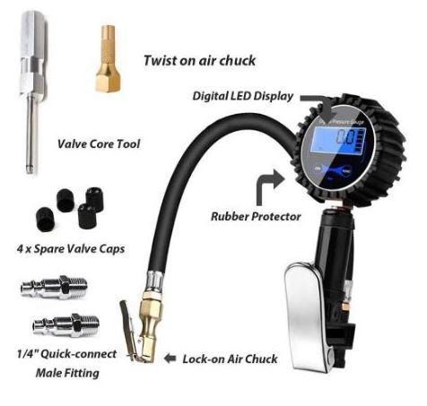 Digital Tire Inflator with Pressure Gauge 250 PSI Air Chuck and Compressor Accessories with Rubber Hose