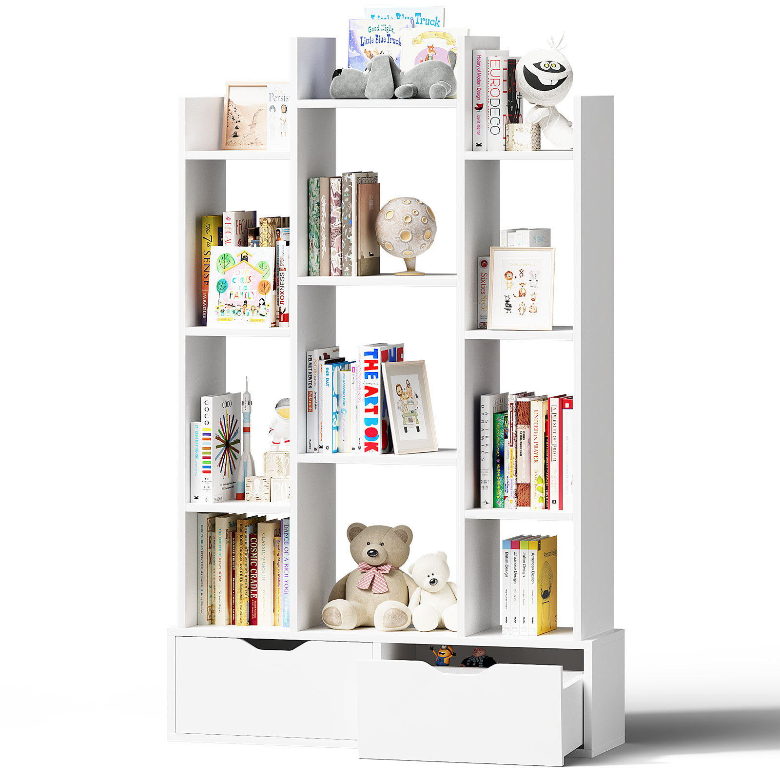 4 Tiers Shelf Bookcase with 2 Drawers 2 Slide-Out Drawers