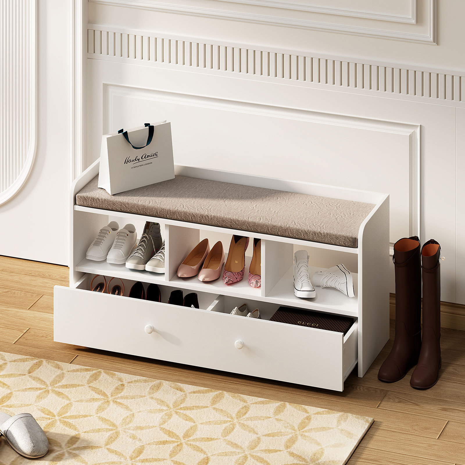 Compact Shoe Rack Bench With Top Cushion White