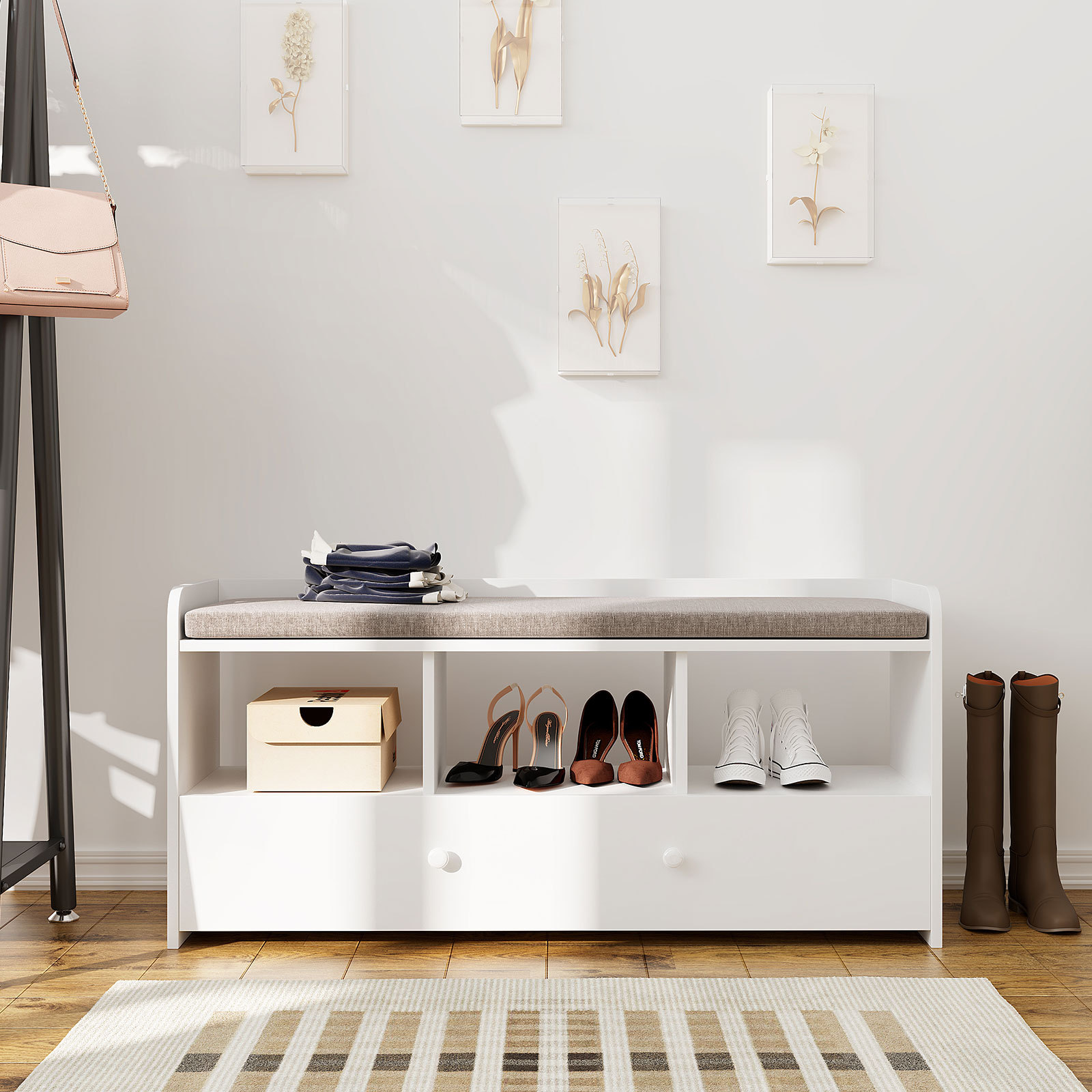 Compact Shoe Rack Bench With Top Cushion White