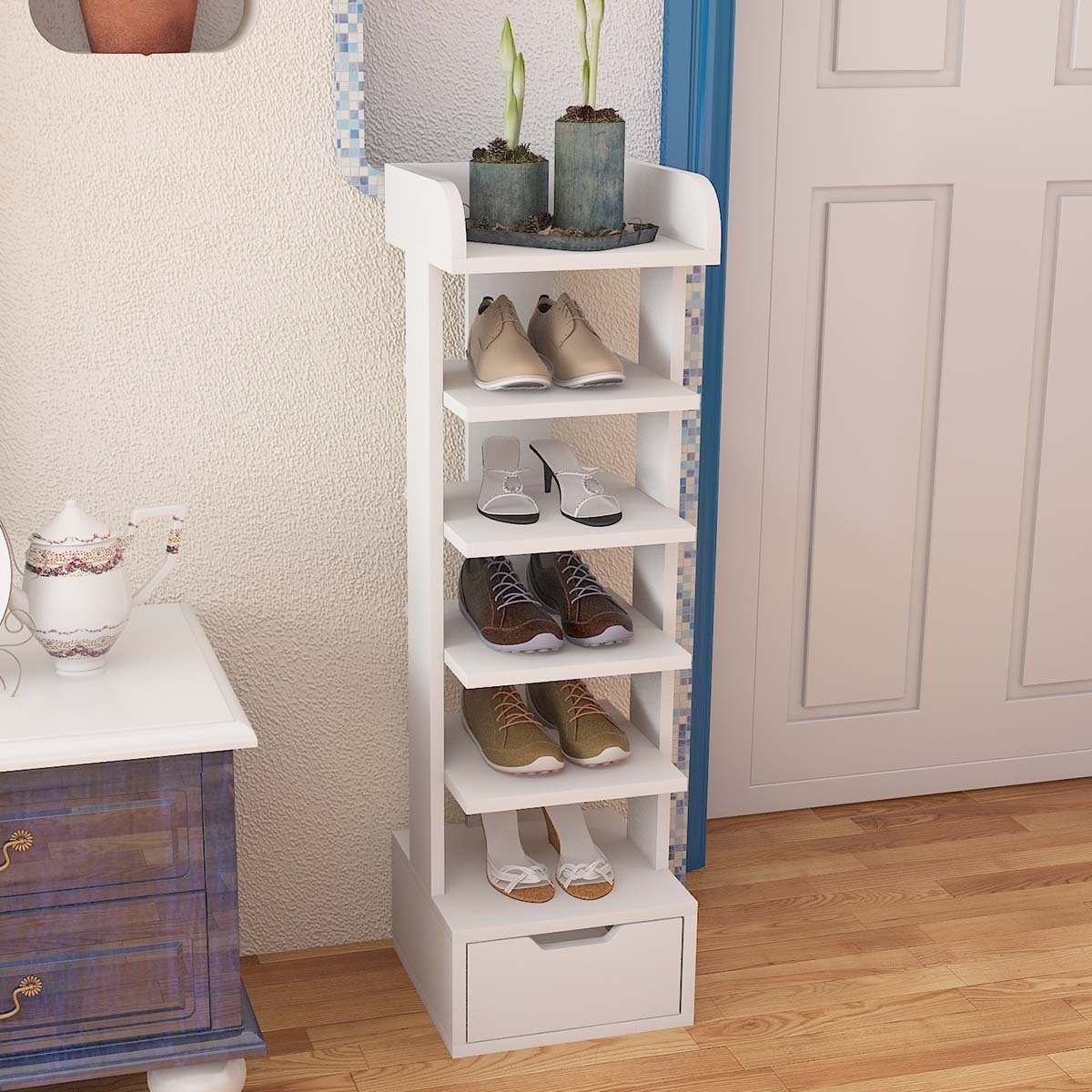 7 Tiers Vertical Shoe Rack, Entryway Narrow Slim Wooden Shoes Racks