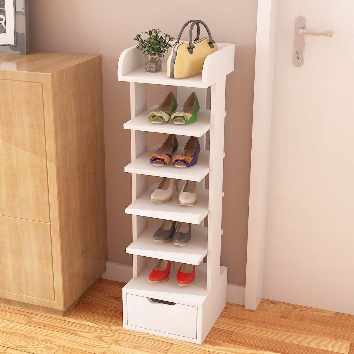 7 Tiers Vertical Shoe Rack, Entryway Narrow Slim Wooden Shoes Racks