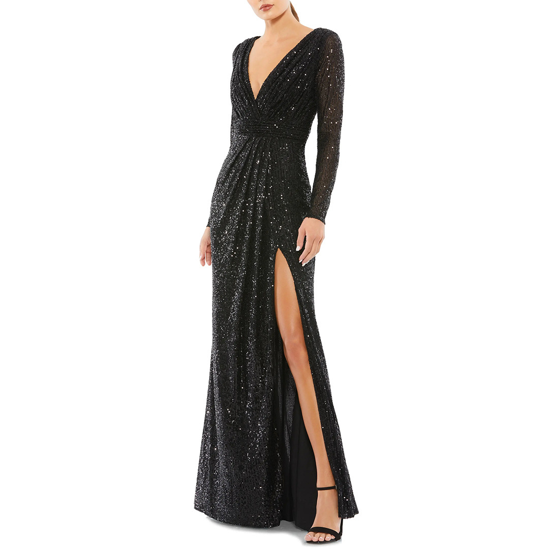 High Quality Evening Dresses Luxurious Solid Party Arabic Sequin Long Sleeve Gown Prom Evening Dress For Women