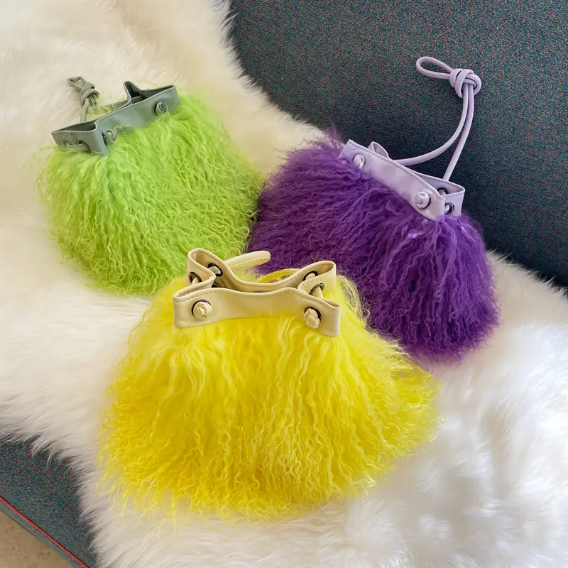 Custom LOGO Handbag Set Pantuflas De Peluches Zapatillas Fluffy Fuzzy Faux Mongolian Goat Hair Fur Slides Slippers For Women