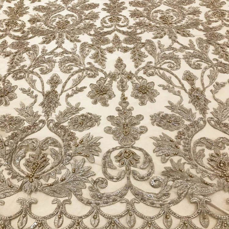 New design guangzhou cheap price full hand beaded lace fabric