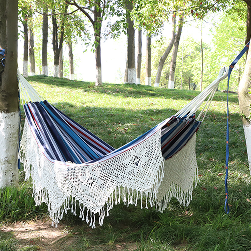 Outdoor Handmade Hammock Cotton Canvas Boho Indoor White Swing Bed Tassel Macrame Hammock Wholesale