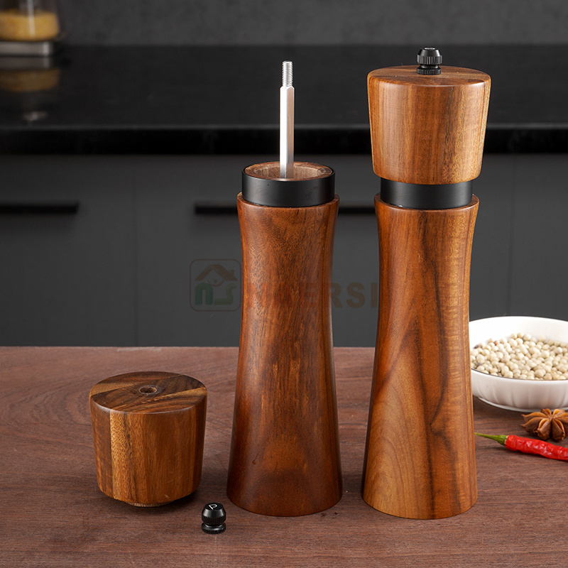 Premium Acacia Wood pepper mill salt and pepper grinder manual spice mill pepper grinder with black steel ring