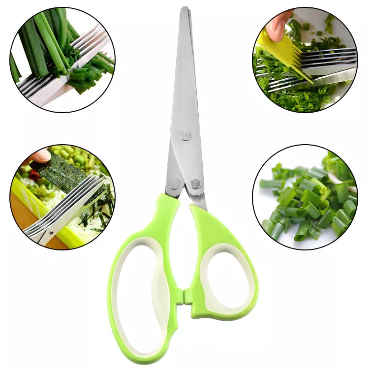 Hot Sale Pepper Shredded Chopped Scallion Scissor 5 blades herb scissors with washing comb