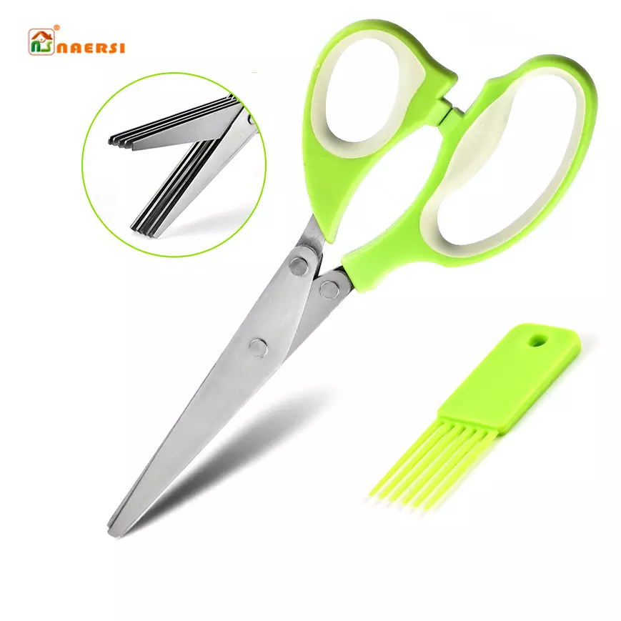 Hot Sale Pepper Shredded Chopped Scallion Scissor 5 blades herb scissors with washing comb