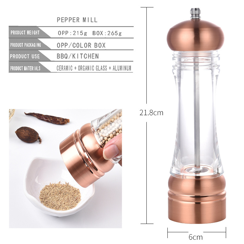 Classic Copper Plated Pepper Grinder Himalayan Pink Salt Mill Stainless Steel Salt and Pepper Grinder Set Acrylic pepper mill