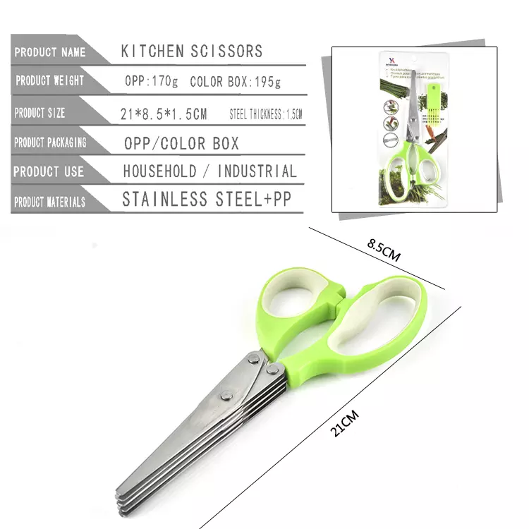 Hot Sale Pepper Shredded Chopped Scallion Scissor 5 blades herb scissors with washing comb