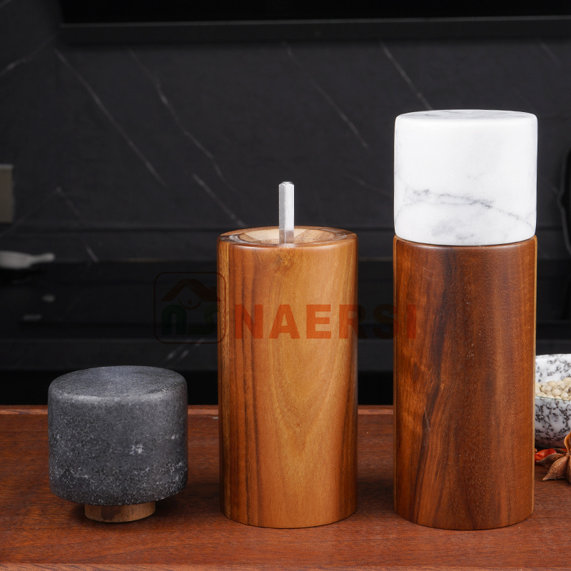 Premium Spice Mill, Ceramic Grinder acacia wood and marble salt and pepper mill set for home and kitchen