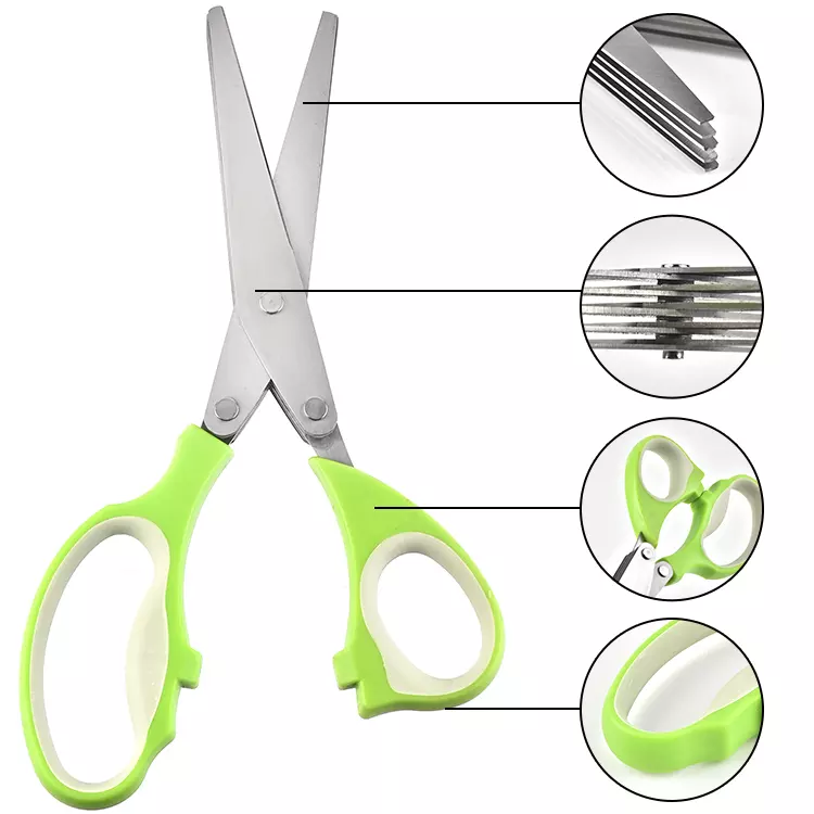 Hot Sale Pepper Shredded Chopped Scallion Scissor 5 blades herb scissors with washing comb