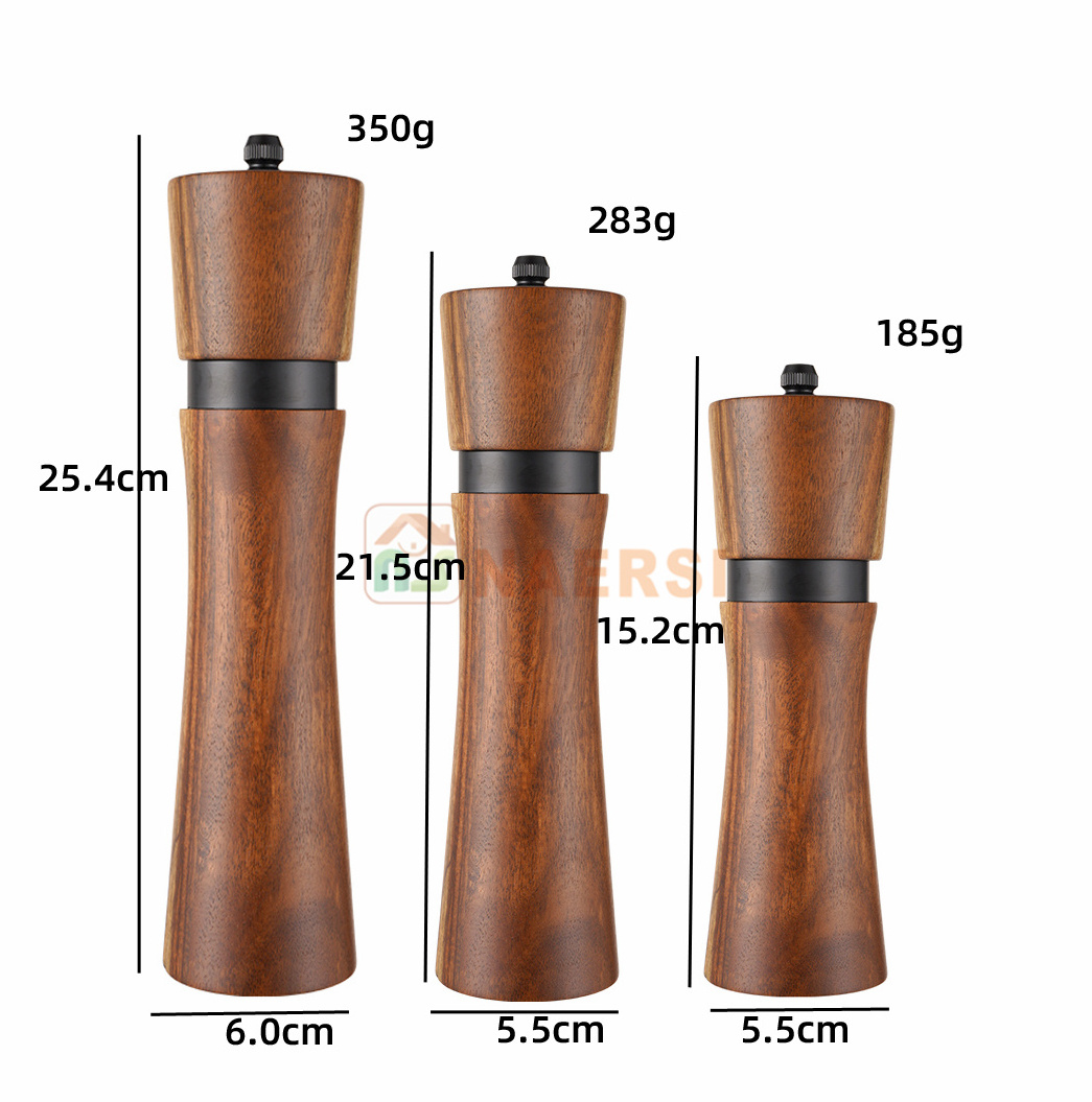 Premium Acacia Wood pepper mill salt and pepper grinder manual spice mill pepper grinder with black steel ring