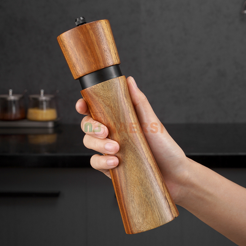 Premium Acacia Wood pepper mill salt and pepper grinder manual spice mill pepper grinder with black steel ring