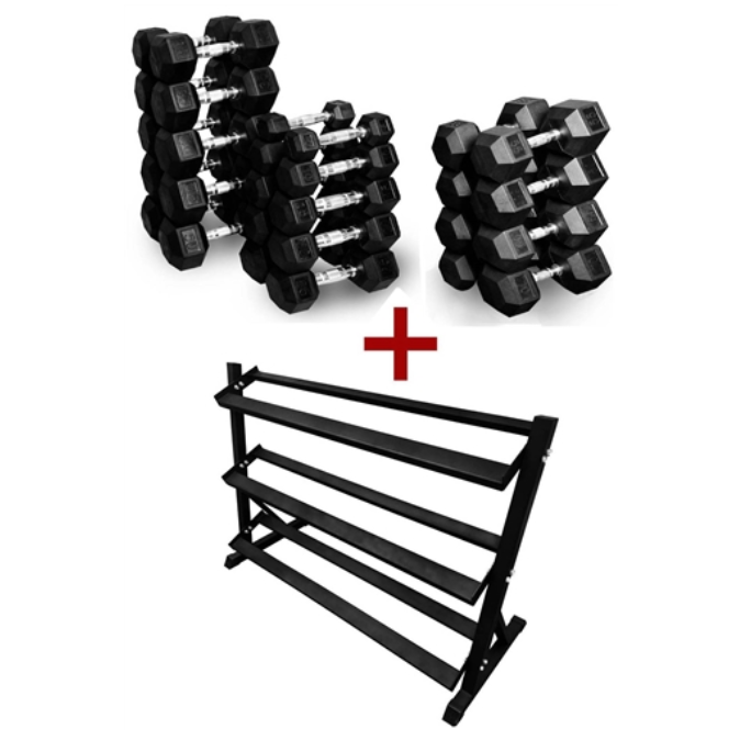 Heavy Duty Rubber coated Dumbbell set with rack 5LB-70LB