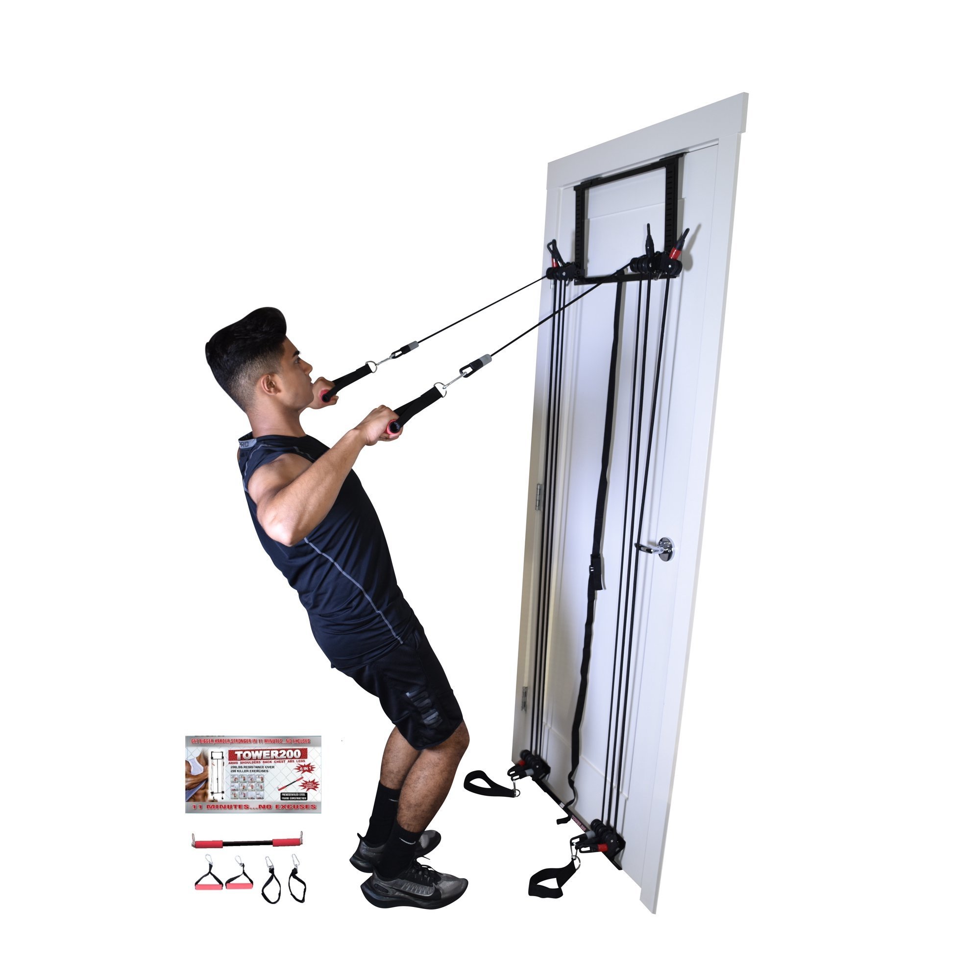 Tower 200 Door Gym Exercise Fitness Home Gym Workout System Strength Training with Straight Resistance Bar