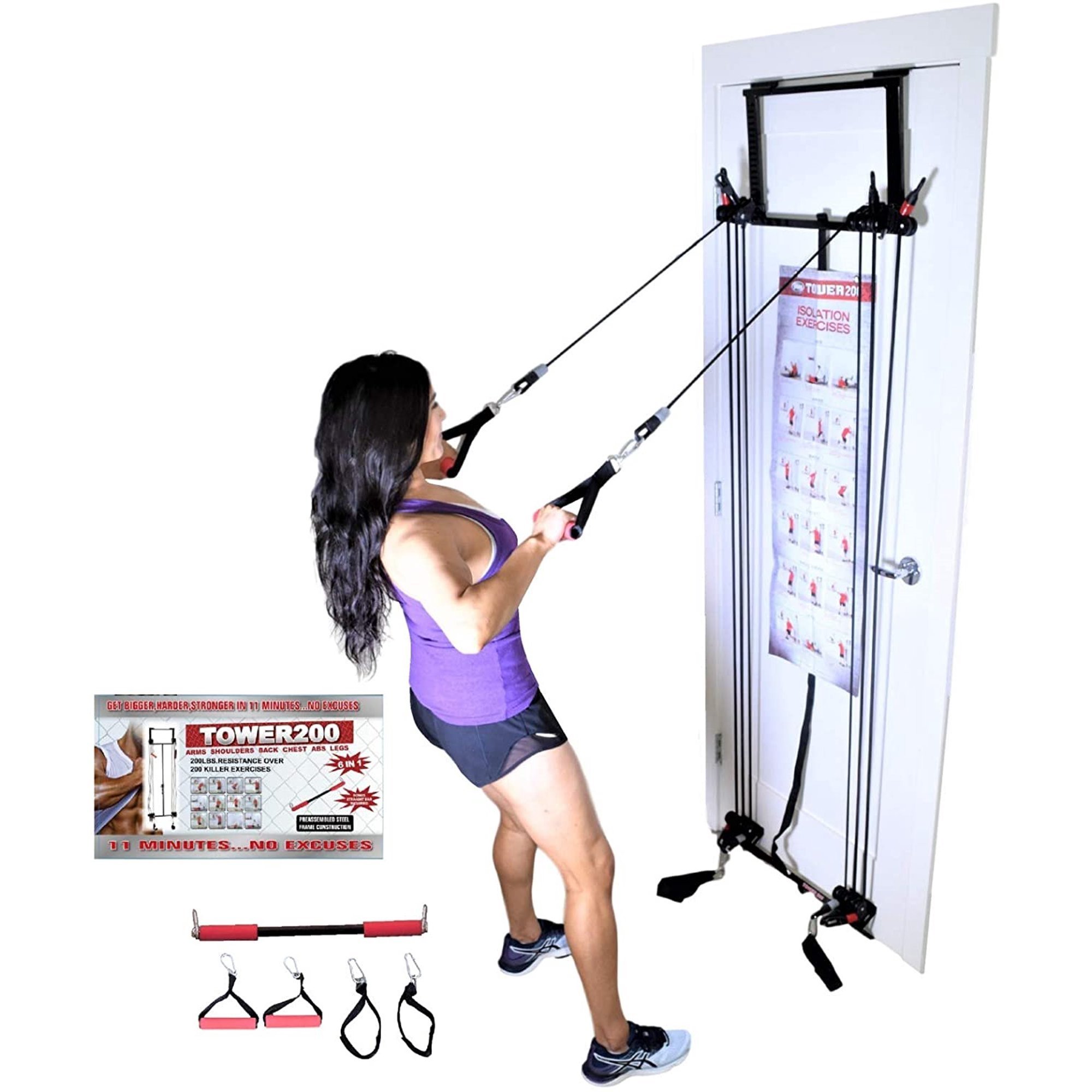 Tower 200 Door Gym Exercise Fitness Home Gym Workout System Strength Training with Straight Resistance Bar