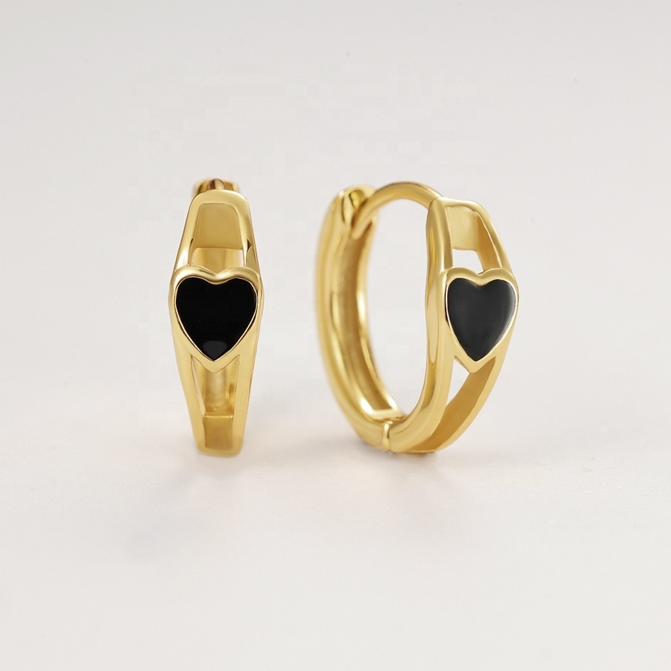 nagosa mini jewelry 18k gold vermeil 925 sterling silver black enamel heart huggie hoop earrings