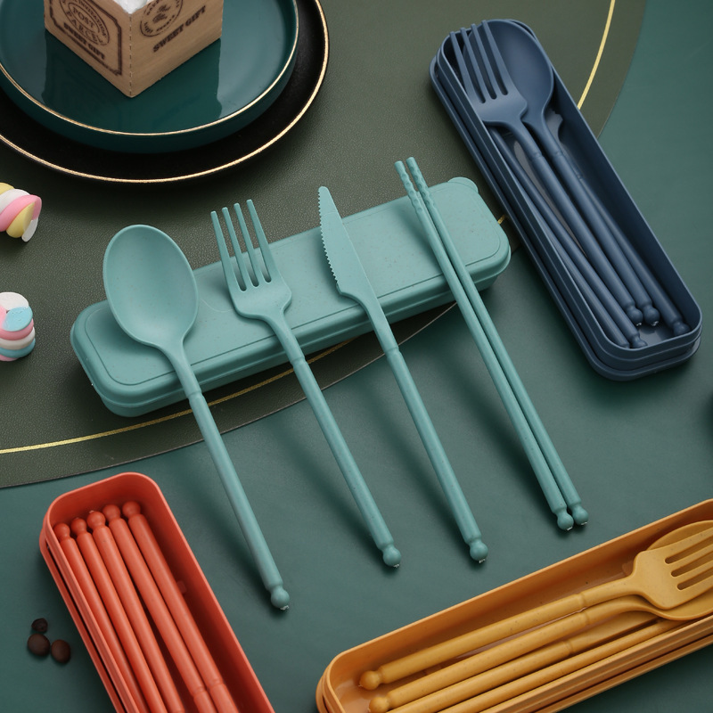 Wheat Straw Portable Tableware Set Student Office Workers Travel Knife Fork Spoon Chopsticks Tableware Four -Piece Set