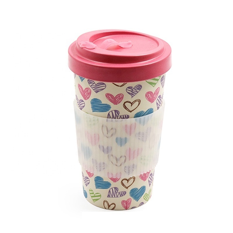 Custom printed reusable eco friendly bamboo fiber melamine plastic coffee cup travel mug with lid and insulated sleeve