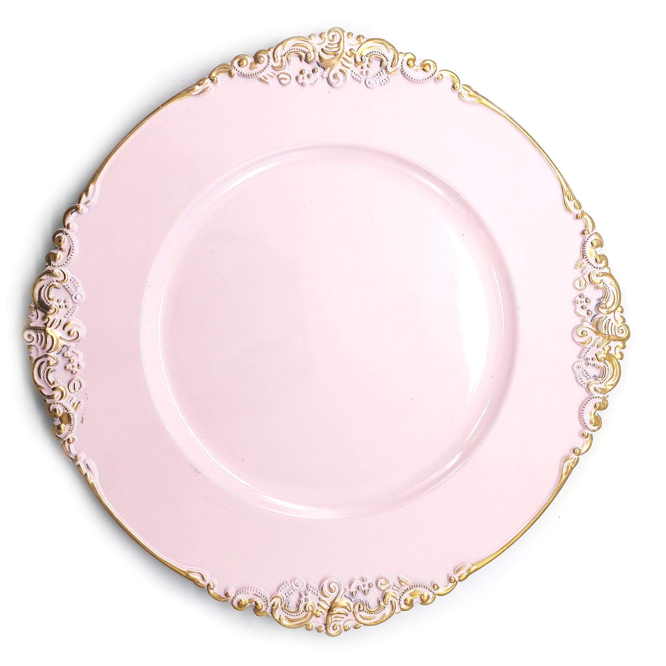 Rim Pink Wedding Decoration Floral Plastic Charger Plates Gold Wholesale Cheap 13 Inch Modern Round Plate Dish 350g Pigmented