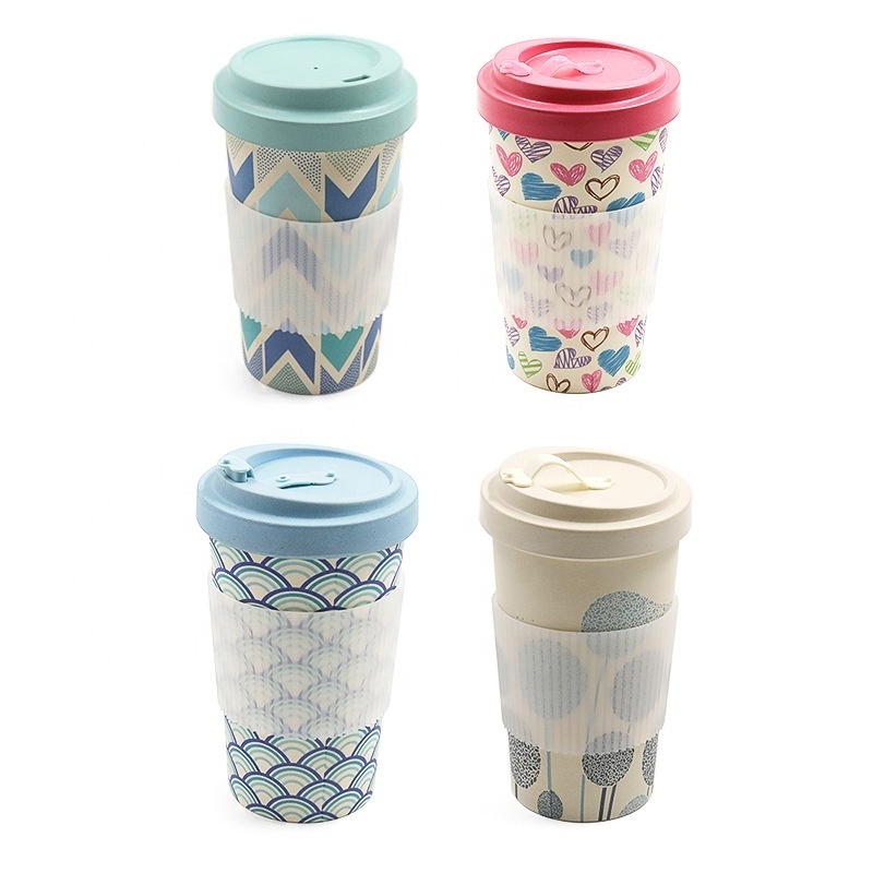 Custom printed reusable eco friendly bamboo fiber melamine plastic coffee cup travel mug with lid and insulated sleeve