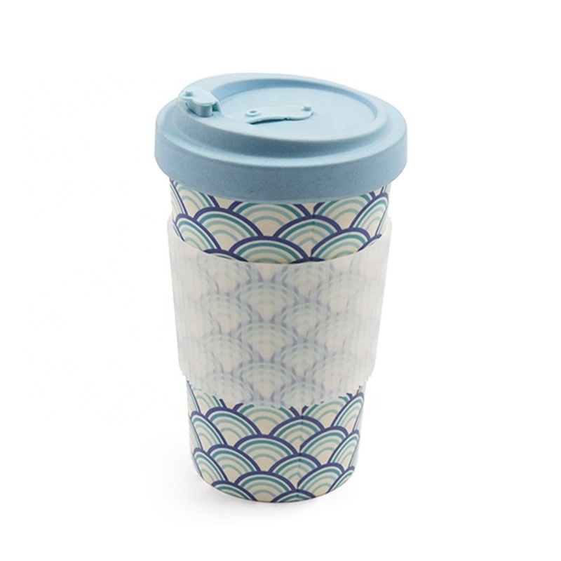 Custom printed reusable eco friendly bamboo fiber melamine plastic coffee cup travel mug with lid and insulated sleeve