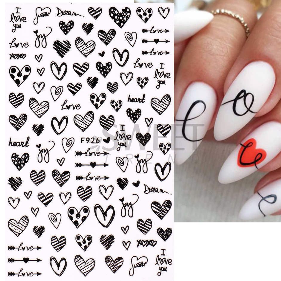 3D nail stickers black and white red nail art design love flower sliders lock bow decals Valentine's Day nail supply stickers