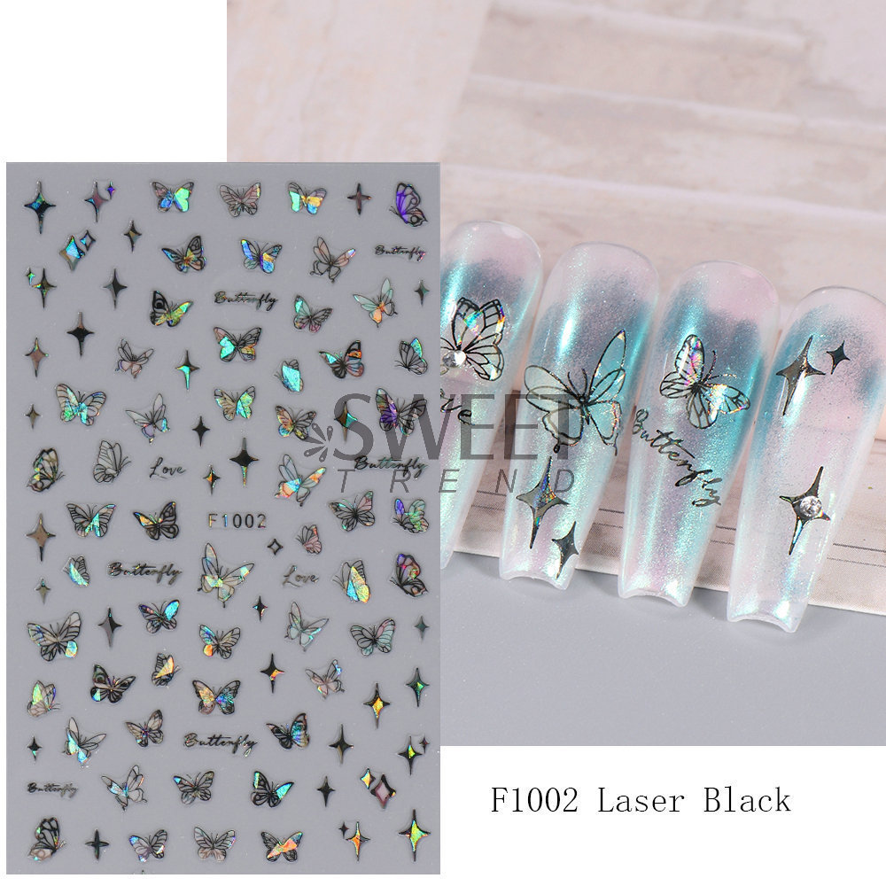 Wholesale F series pink laser white black butterfly nail decals spring fairy nail butterfly nail stickers