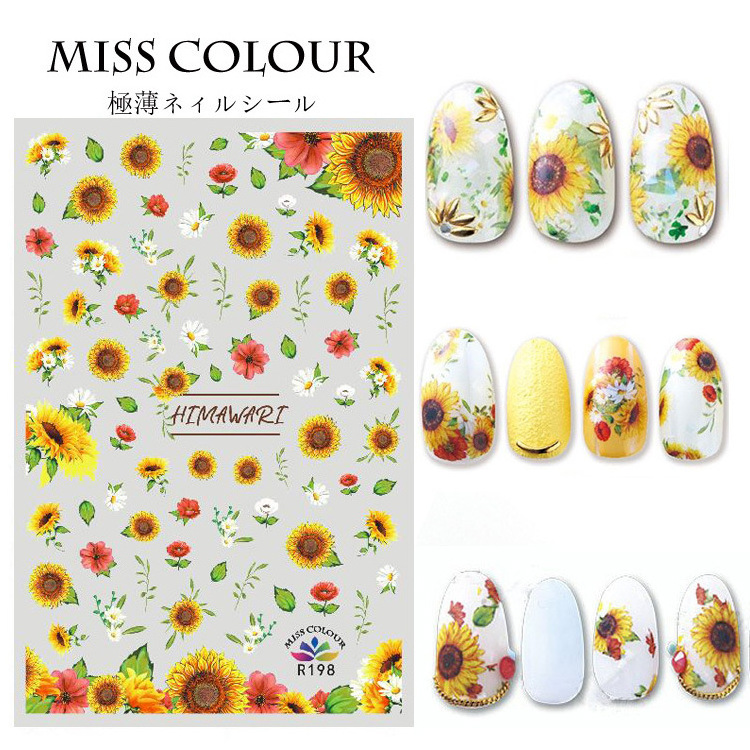 Hot Selling 3D Summer styles Japanese luxury Sun flowers nail designs stickers sunflower nail stickers for kids self adhesive