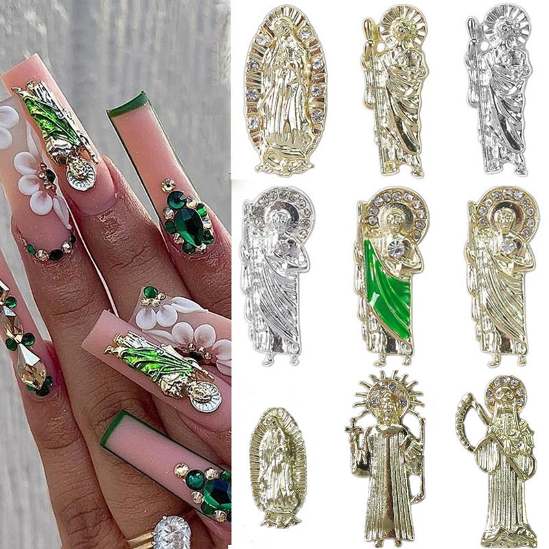 Newest virgin mary nail charm buddha painting gold silver nail decoration diamond metal alloy rhinestones san judas nail charm