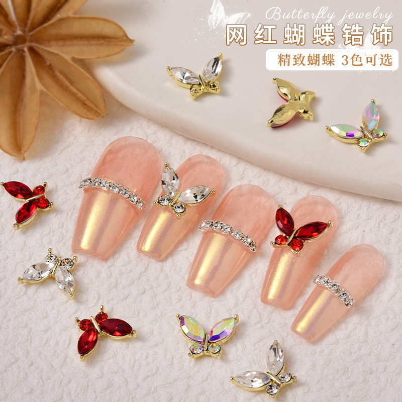 High quality butterfly nail charms red white AB crystal zircon glass stone nail art decoration butterfly 3d nail art design