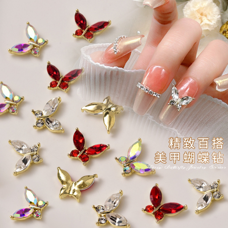 High quality butterfly nail charms red white AB crystal zircon glass stone nail art decoration butterfly 3d nail art design