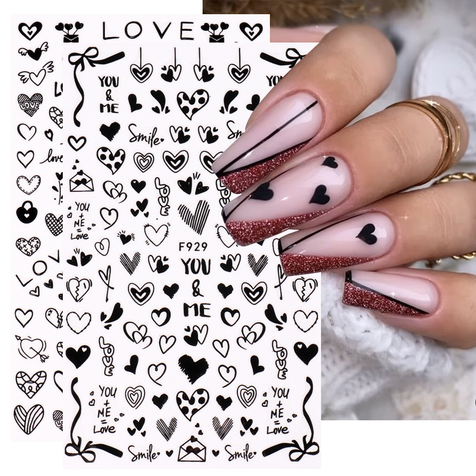 3D nail stickers black and white red nail art design love flower sliders lock bow decals Valentine's Day nail supply stickers