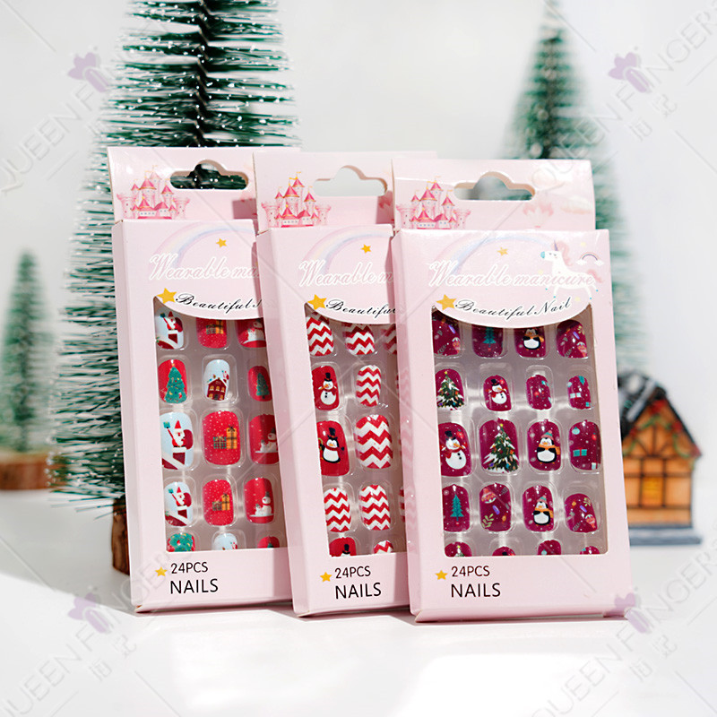 24pcs/box children christmas fake nails cute nail tips full cover artificial kids rainbow christmas press on nails