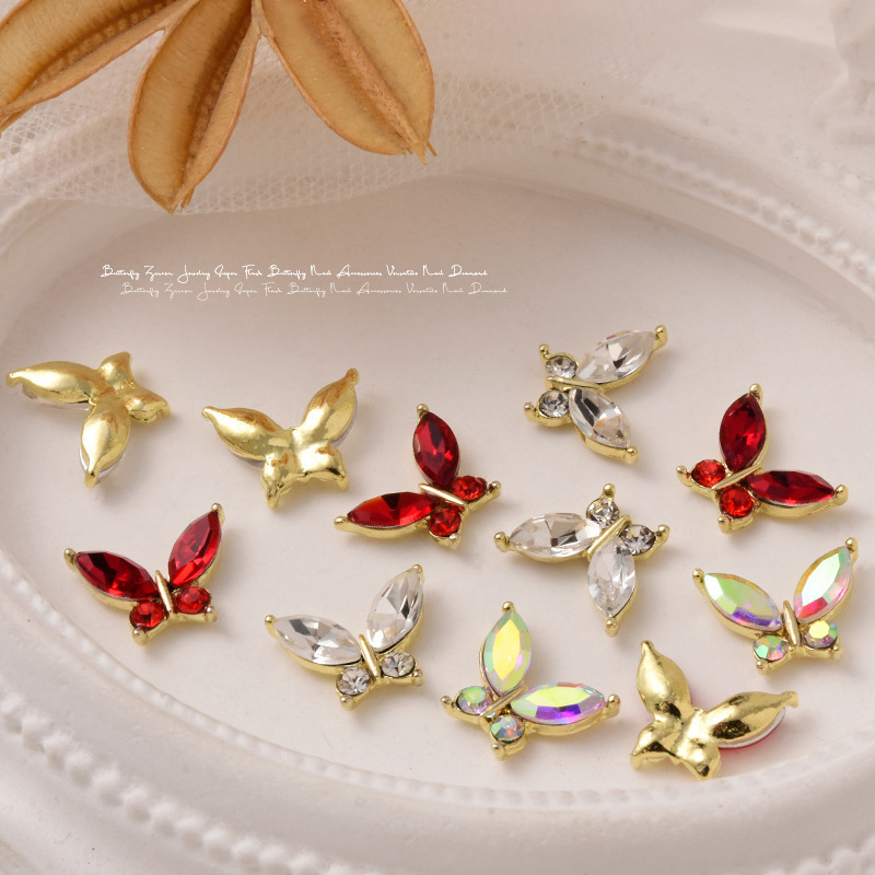 High quality butterfly nail charms red white AB crystal zircon glass stone nail art decoration butterfly 3d nail art design