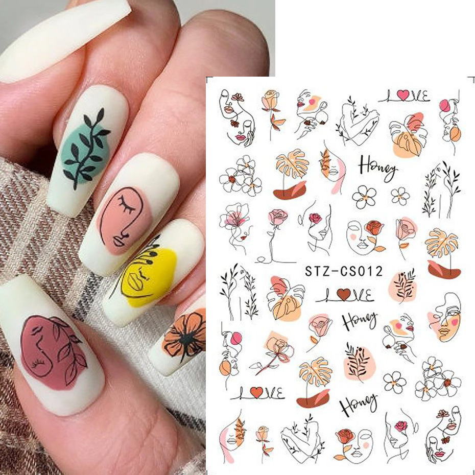 STZ nail stickers 2022 valentine decals heart flame wave geometric sky cloud abstract sexy girl tiger cartoon gel nails sticker