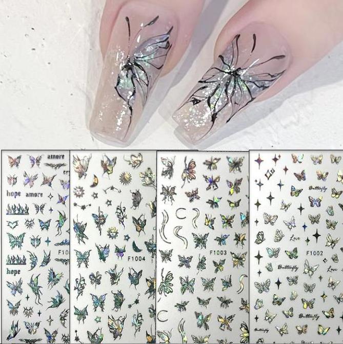 Wholesale F series pink laser white black butterfly nail decals spring fairy nail butterfly nail stickers