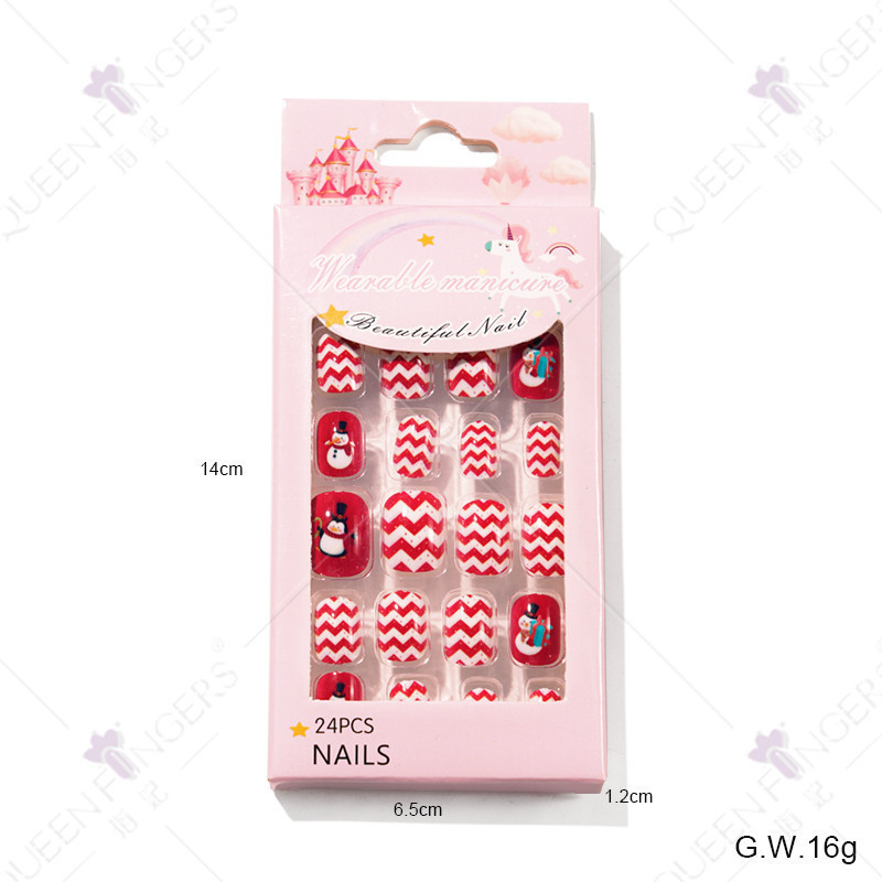 24pcs/box children christmas fake nails cute nail tips full cover artificial kids rainbow christmas press on nails