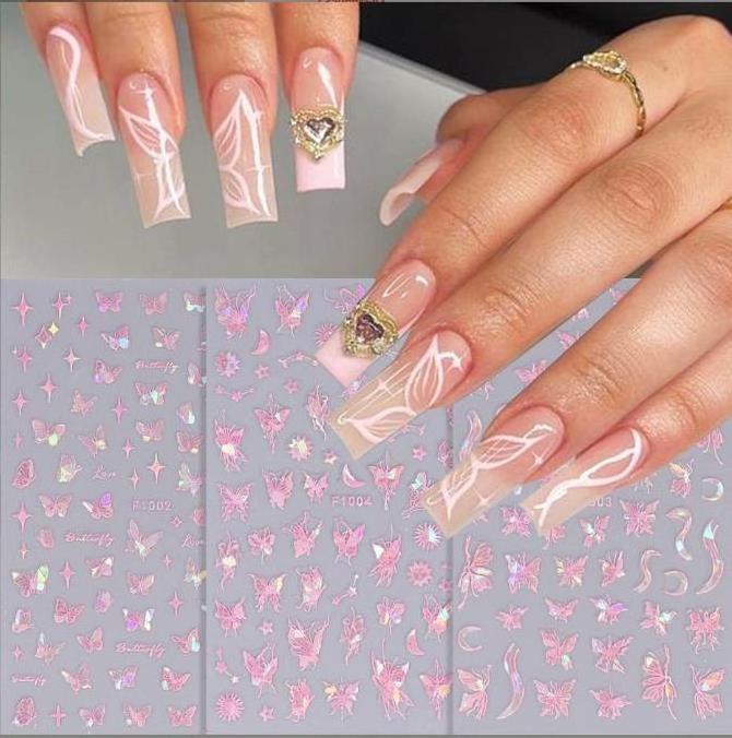 Wholesale F series pink laser white black butterfly nail decals spring fairy nail butterfly nail stickers