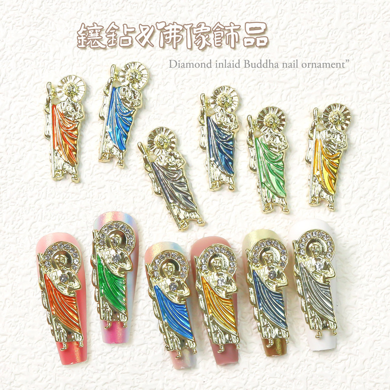 Newest virgin mary nail charm buddha painting gold silver nail decoration diamond metal alloy rhinestones san judas nail charm