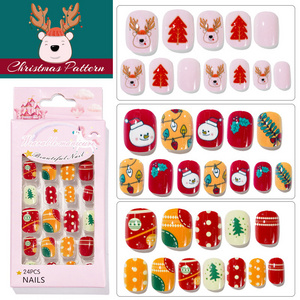 24pcs/box children christmas fake nails cute nail tips full cover artificial kids rainbow christmas press on nails