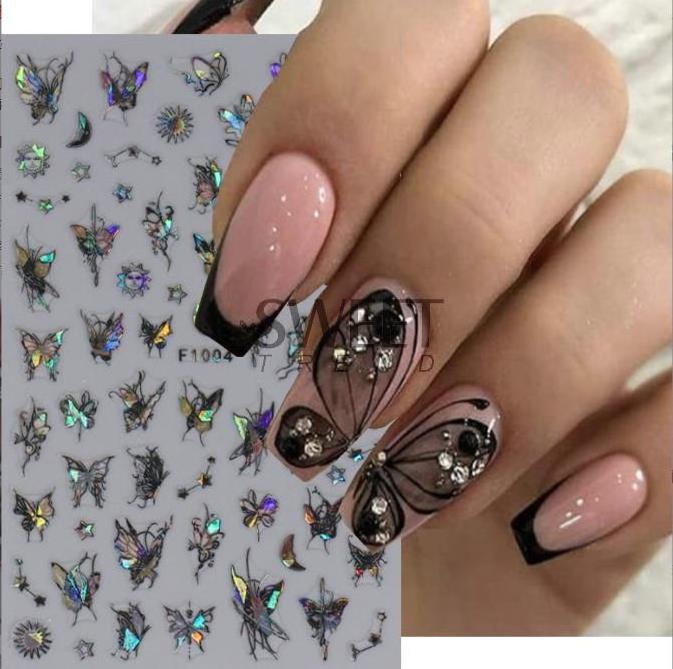 Wholesale F series pink laser white black butterfly nail decals spring fairy nail butterfly nail stickers