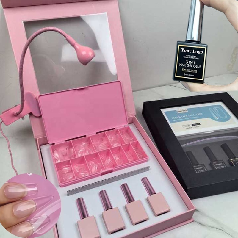 Professional Nail Extension Gel X Tips Set Pink Box with UV LED Lamp File Nail Glue Full Cover Gel Tips Soft Gel Nail Kit