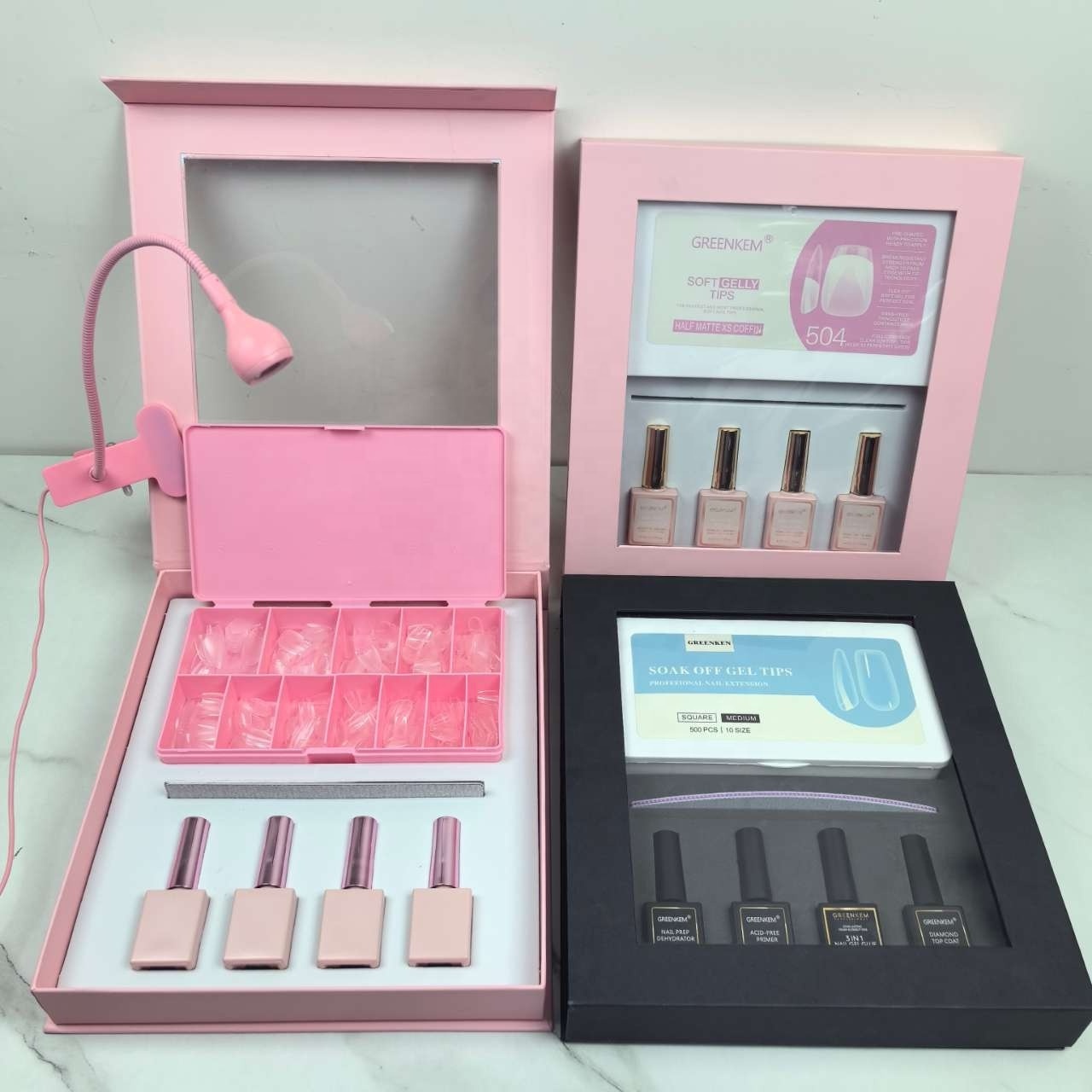 Professional Nail Extension Gel X Tips Set Pink Box with UV LED Lamp File Nail Glue Full Cover Gel Tips Soft Gel Nail Kit